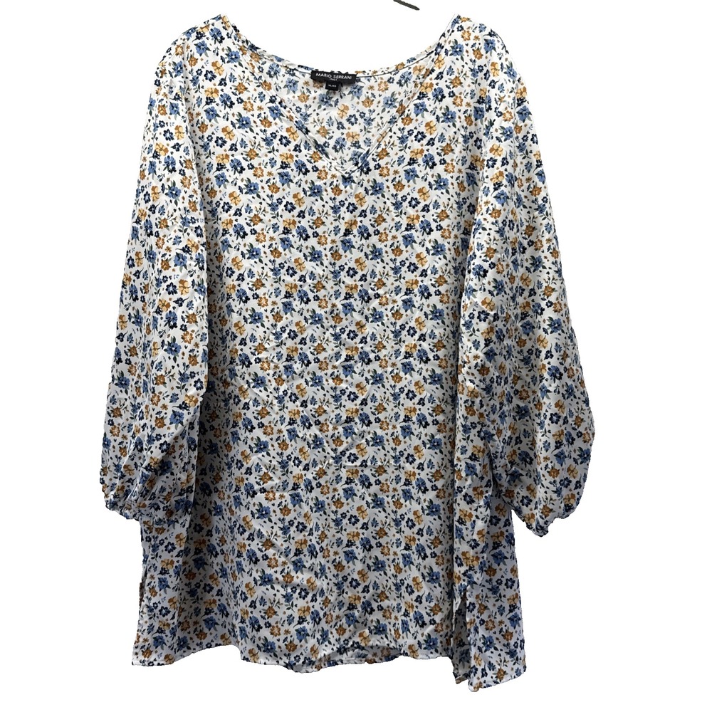 Mario Serrani Italy Top Size XL Blue Floral 3/4 Sleeves Pullover Tunic Slits